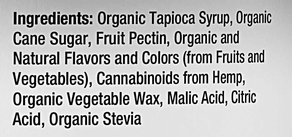 Label showing ingredients of RYDERS Night Ryder gummies with CBD, CBN, and raspberry flavoring